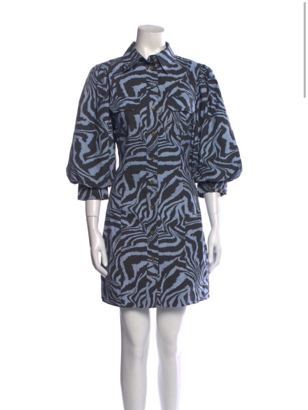 Ganni Black and Light Blue Zebra-Print Puff-Sleeve Mini Dress